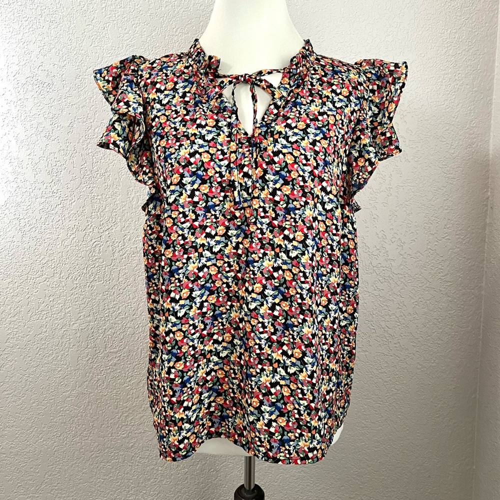 1 State Multicolor Floral Ruffled Short sleeves Blouse Casual Cottagecore Tops M
